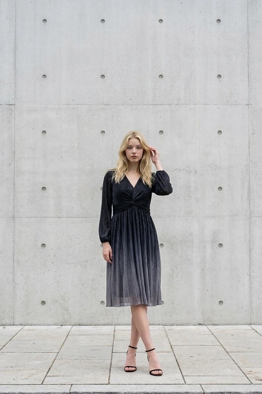 NWT Lane Bryant Navy Metallic Pleated Long Sleeve Dress Size 20 FS Bnfts Chrty